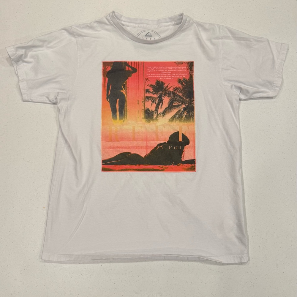Reef White Beach Babe Palm Tree T Shirt Life’s Short Go Surf Large